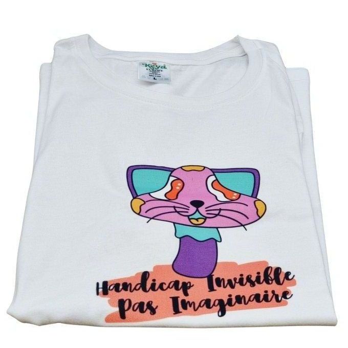 T-shirt personnalisé pour sensibiliser aux handicaps invisibles, avec un motif Michi champignon chat